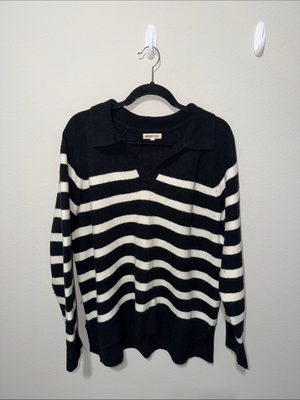 Margeaux & Ellie Black and White Striped V‑Neck Collared Sweater